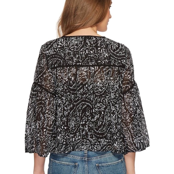 Lucky Brand Sheer Flowy Boho Top XS  Black and white Floral Bell Sleeves - Picture 6 of 16